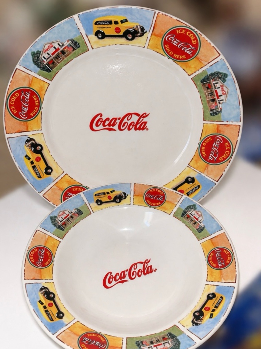 Coca-Cola Decorative Plates with Red Logo and Multi-Color Rim